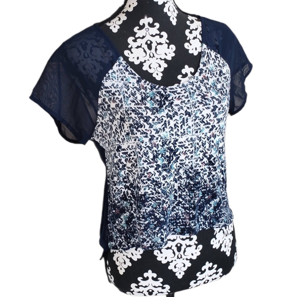 Pacsun Kirra Size XS Fits Medium Navy Blue White Pink Sheer Open Back Blouse Top